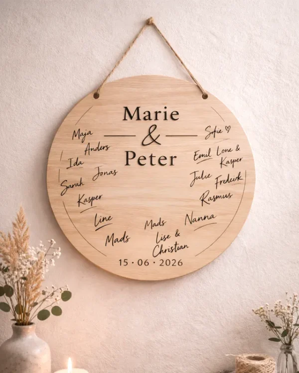 Alternativ gæstebog til bryllup i træ med indgraverede navne og gæsternes signaturer i cirkelform.