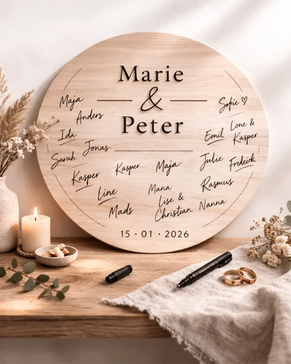 Alternativ gæstebog til bryllup i træ med indgraverede navne og gæsternes signaturer i cirkelform.