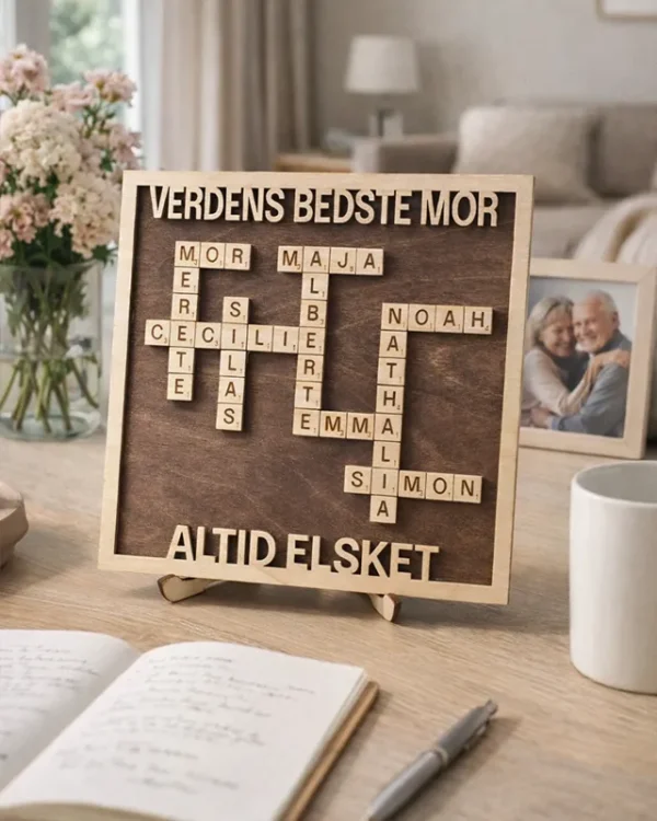Verdens Bedste Mor gave med børns navne i træ – personlig familiegave til mor eller bedsteforældre